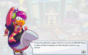 Cadence aparecia em seguida anunciado que a Festa SoundStudio chegara à Ilha Club Penguin.