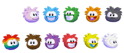 Uma prévia dos puffles no aplicativo do jogo.