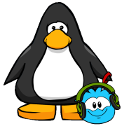 Um pinguim com seu puffle no Cartão de Pinguim.