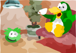 A pintura de um pinguim e um Puffle Verde no Café.